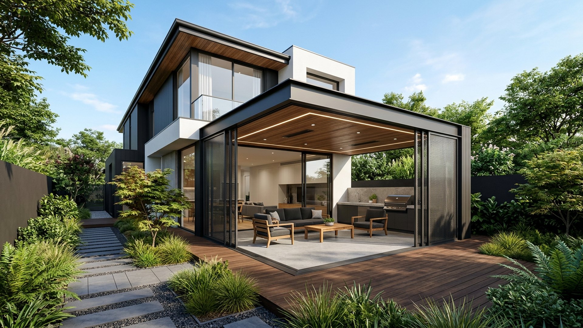 Alfresco Home Designs design concept visualisation photo futuristic neon lit future home. Images Created by www.Future-Home.Shop