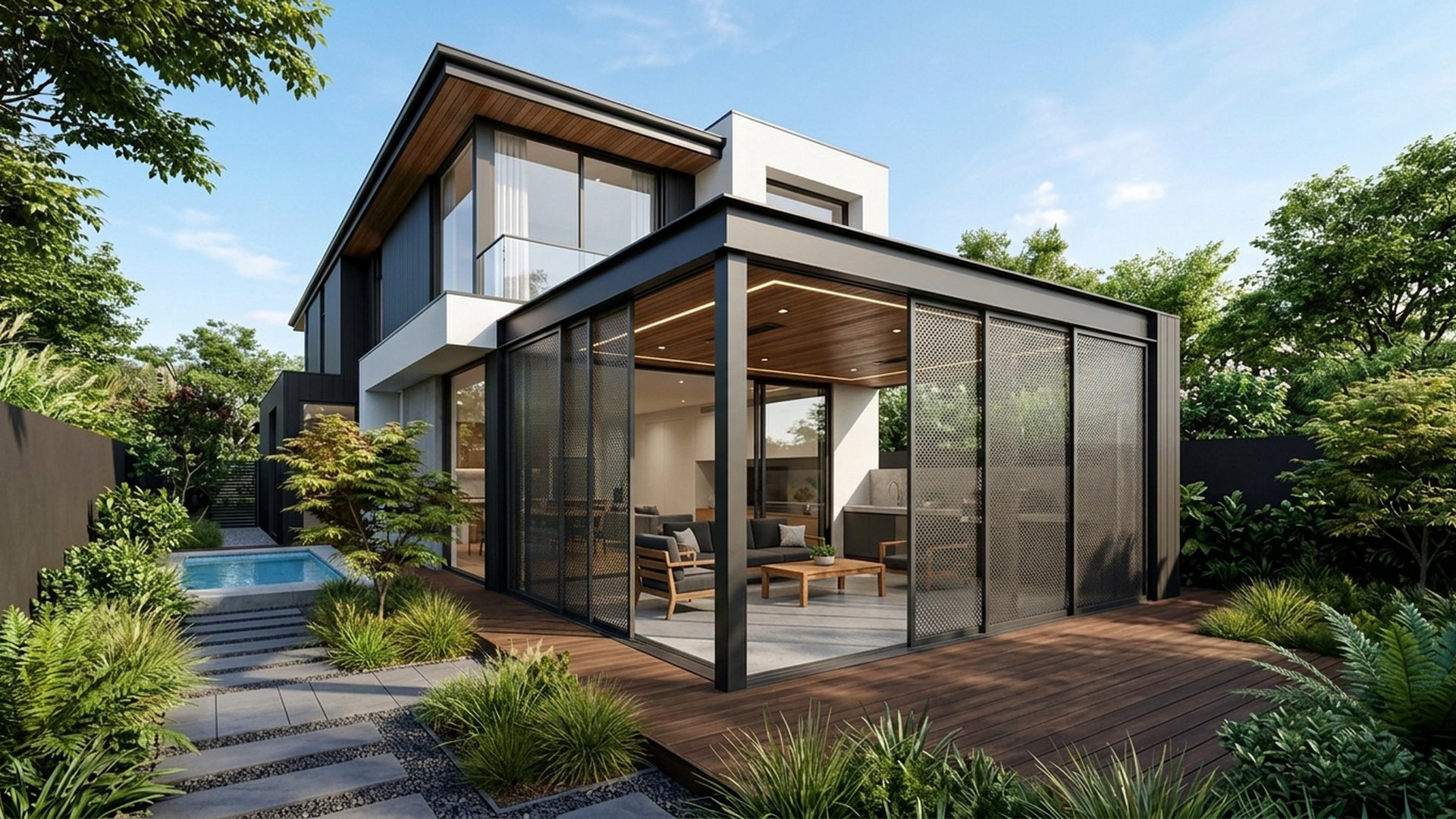 Alfresco Home Designs design concept visualisation photo futuristic neon lit future home. Images Created by www.Future-Home.Shop
