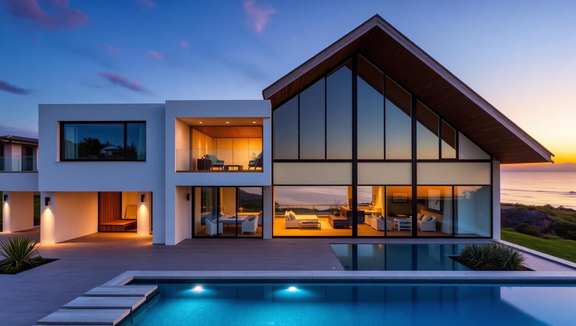 Modern Beach House Designs and Coastal Gardens feature article Pale timber terraces, low profile furniture framing the horizon, salt and. Images Created by www.Future-Home.Shop