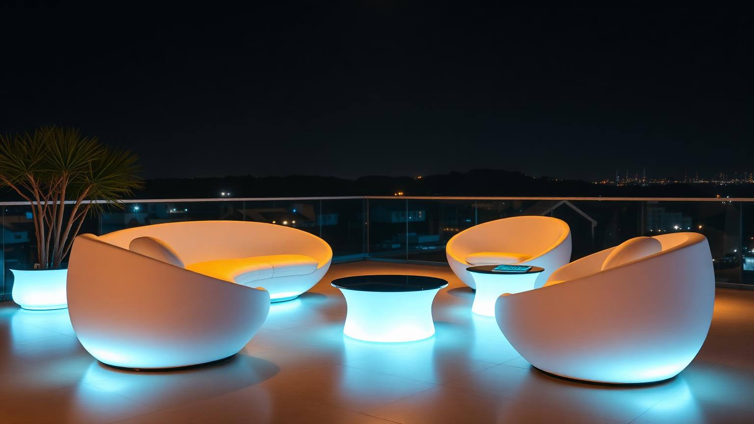 Fo Outdoor Furniture design concept visualisation photo futuristic neon lit future home. Images Created by www.Future-Home.Shop