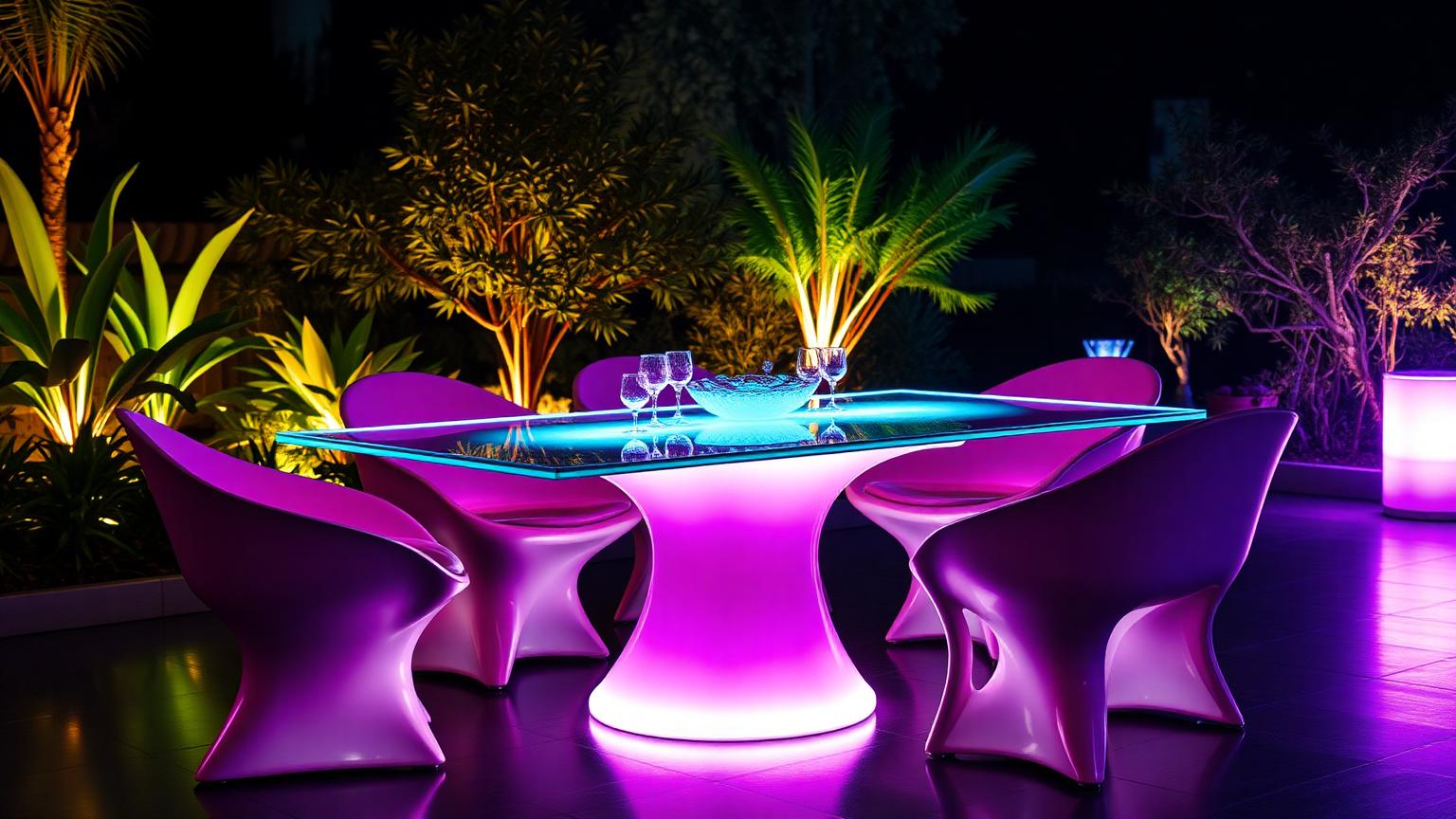 Fo Outdoor Furniture design concept visualisation photo futuristic neon lit future home. Images Created by www.Future-Home.Shop