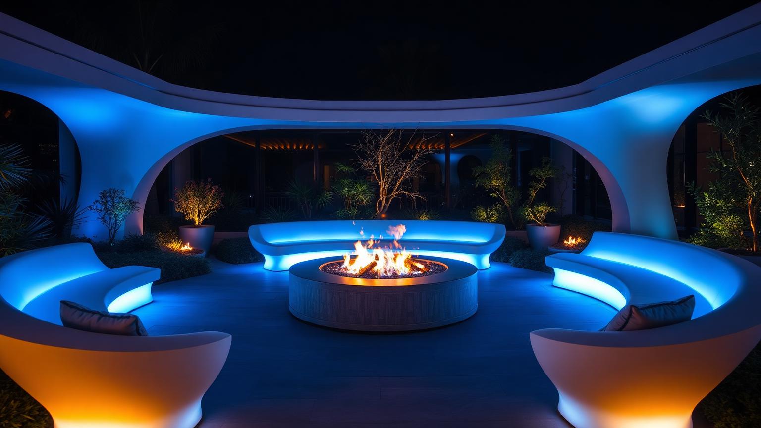 Fo Outdoor Furniture design concept visualisation photo futuristic neon lit future home. Images Created by www.Future-Home.Shop