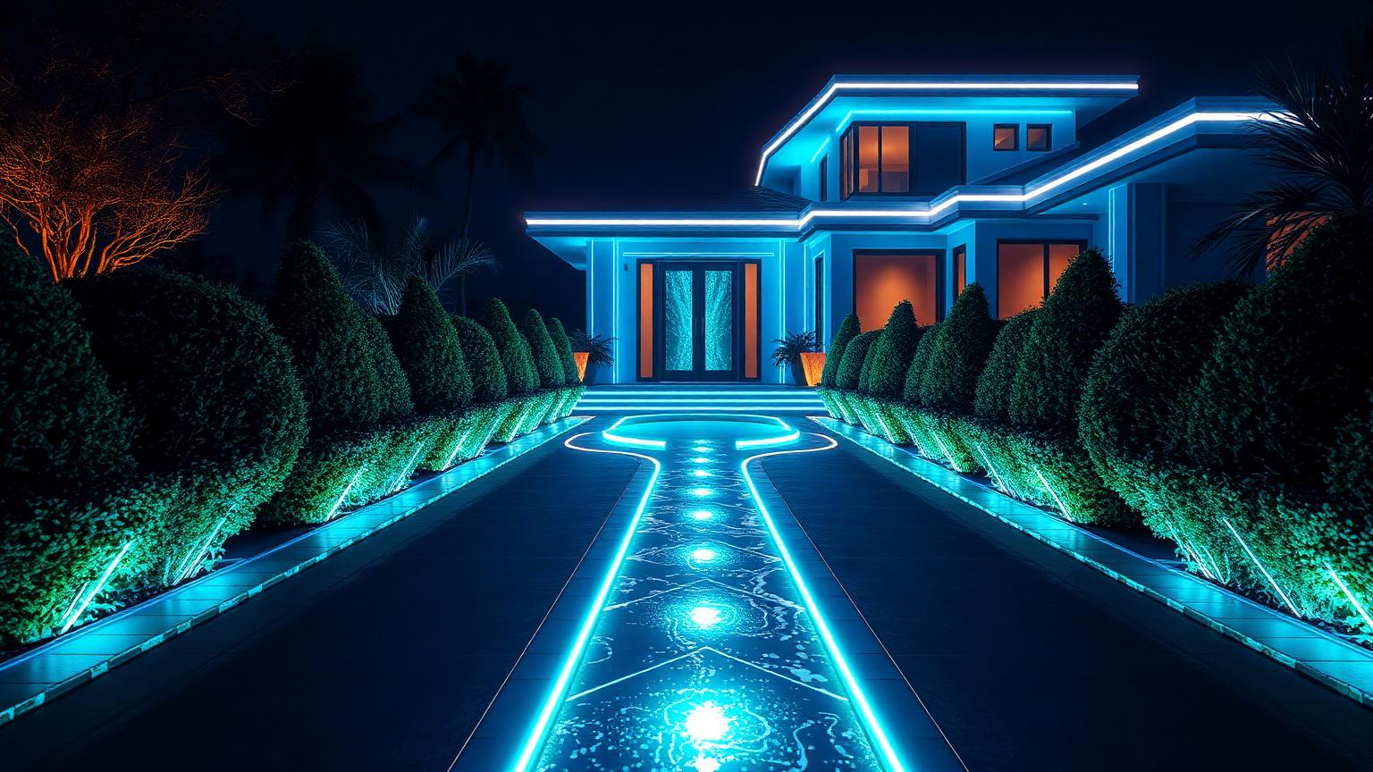 Fo Garden Designs design concept visualisation photo futuristic neon lit future home. Images Created by www.Future-Home.Shop