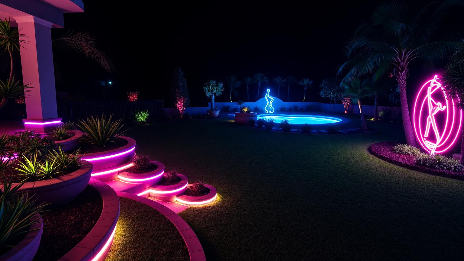 Fo Garden Designs design concept visualisation photo futuristic neon lit future home. Images Created by www.Future-Home.Shop