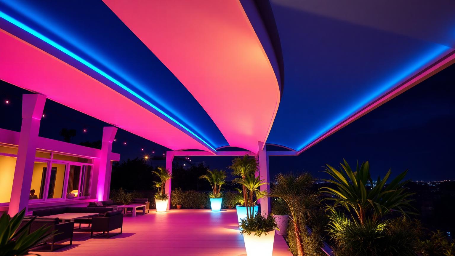 Parametric canopy with glowing ribs futuristic neon lit future home design concept. Images Created by www.Future-Home.Shop