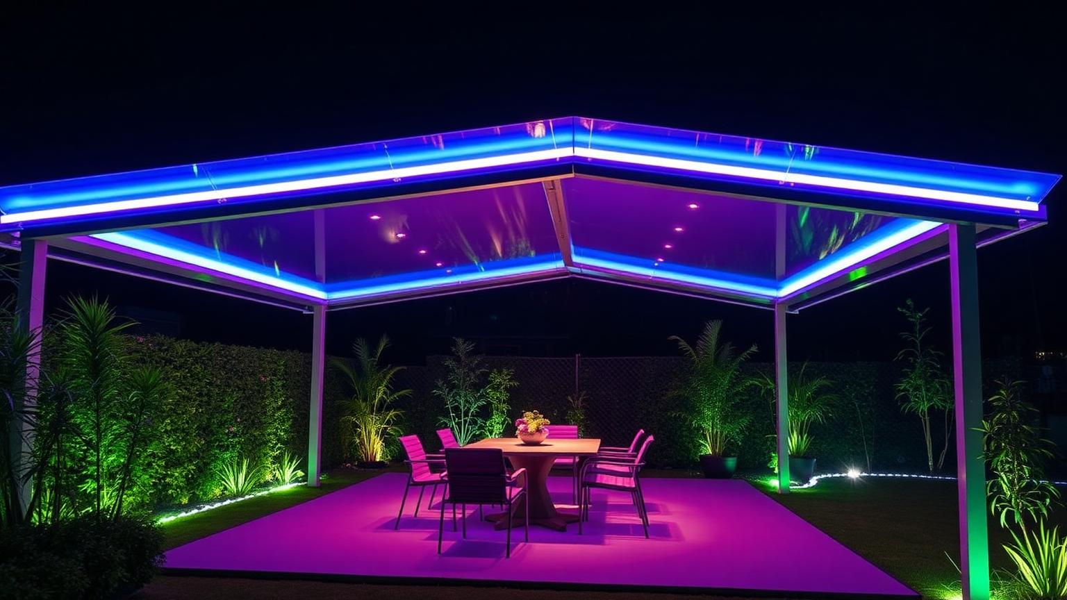 Cove-lit pavilion over a glowing terrace futuristic neon lit future home design. Images Created by www.Future-Home.Shop