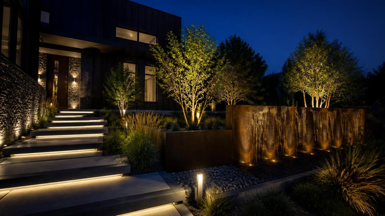 Front Night Future Home Lighting design concept visualisation photo futuristic neon lit. Images Created by www.Future-Home.Shop