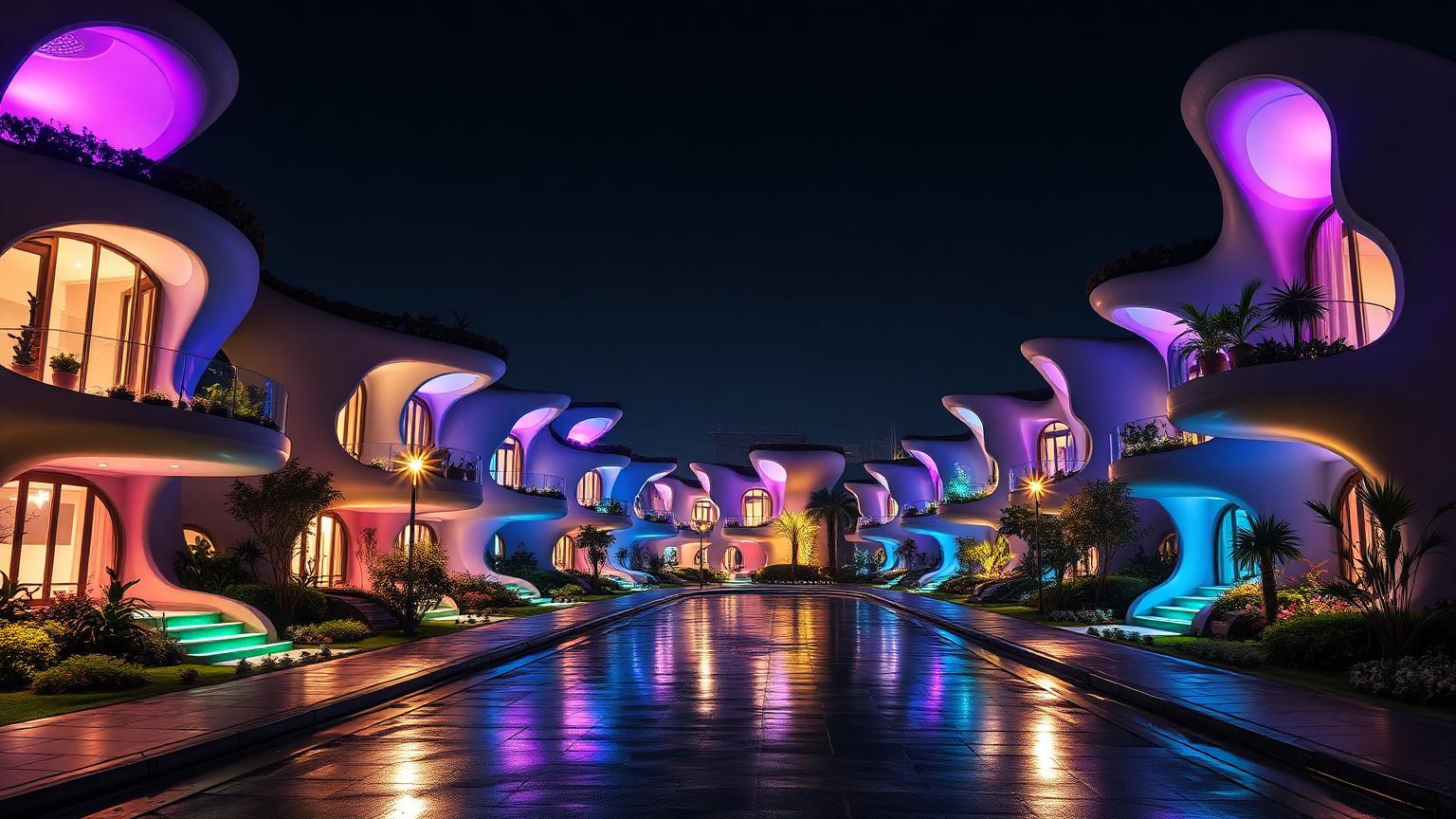Eccentric and exotic forms replace the safe rectangle futuristic neon lit future. Images Created by www.Future-Home.Shop