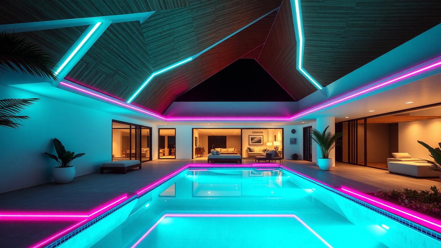 Water, light and shelter designed as one system futuristic neon lit future. Images Created by www.Future-Home.Shop