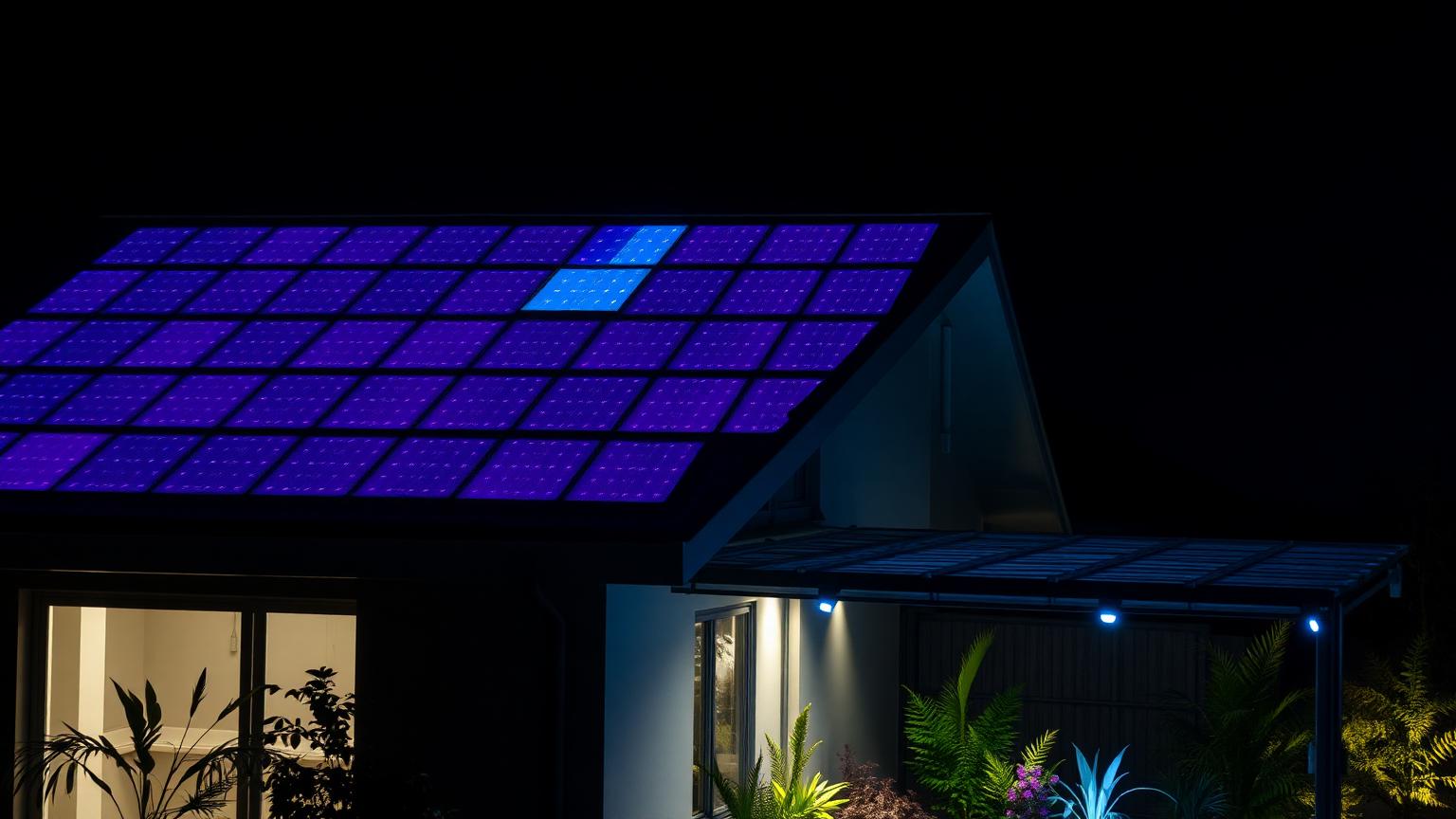 Solar glass roofs and battery walls futuristic neon lit future home design. Images Created by www.Future-Home.Shop