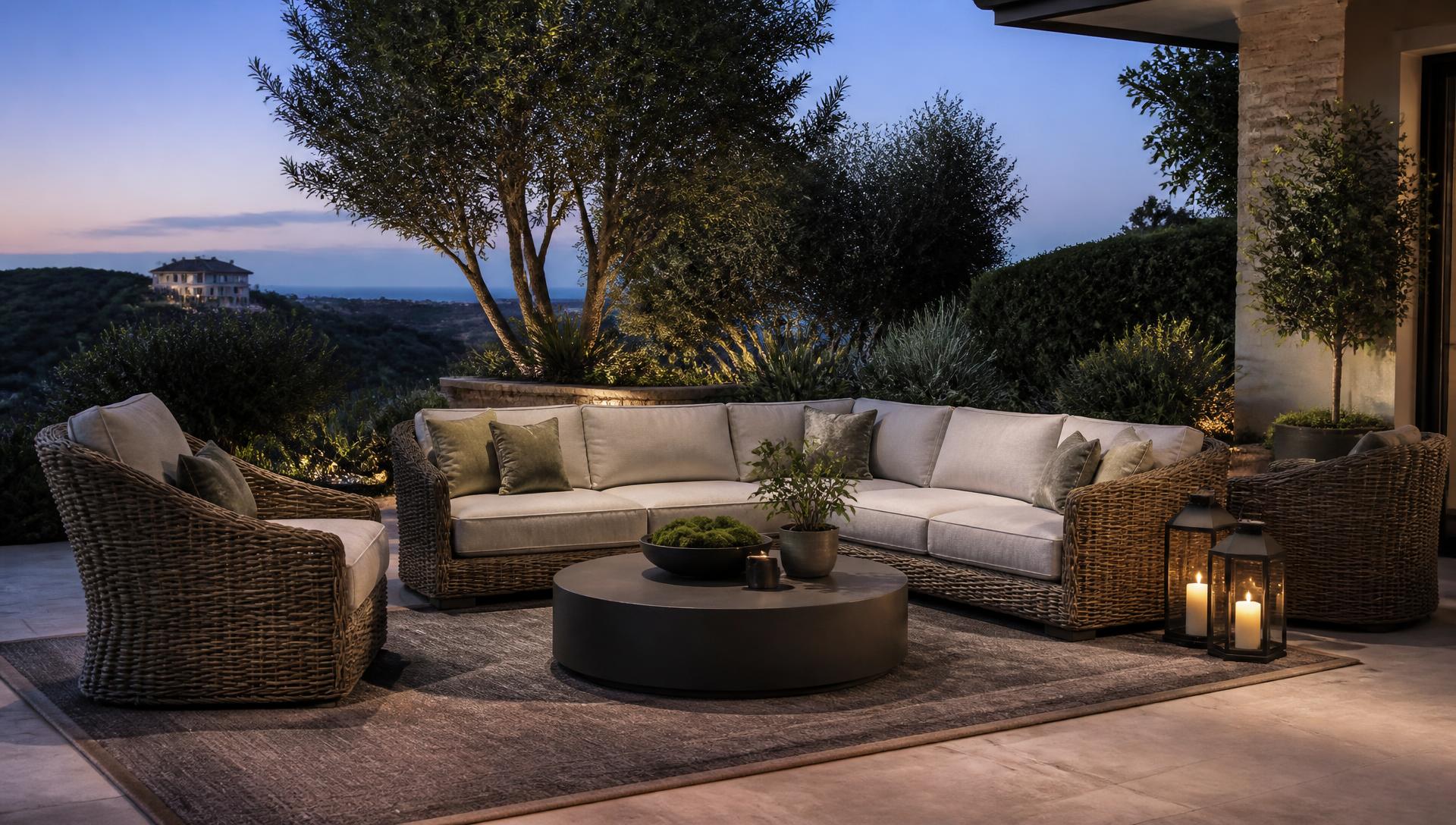 Outdoor Furniture Correctly sized outdoor lounges and dining settings for compact courtyards and decks. Images Created by www.Future-Home.Shop