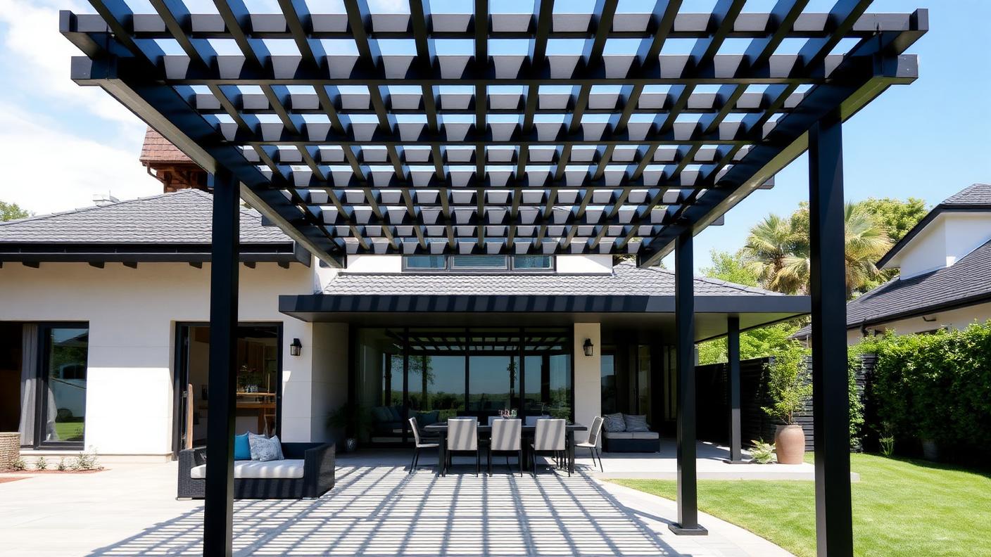 Modern Louvred Aluminium Pergola backyard design Forward Looking Motorised aluminium louvres tilt from full sun to full rain cover over. Images Created by www.Future-Home.Shop
