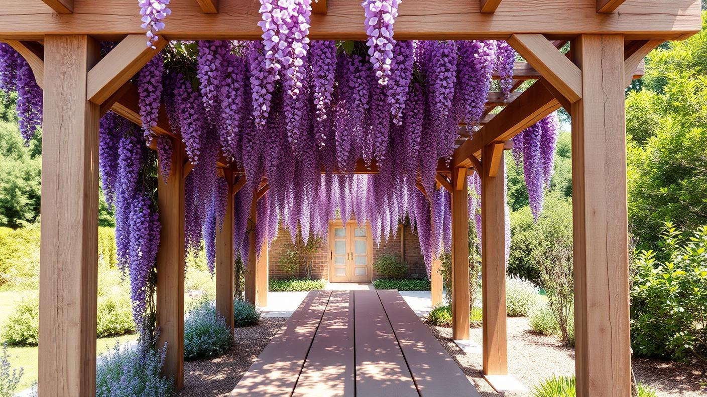 Rustic Timber Wisteria Pergola backyard design Forward Looking Chunky 200mm hardwood posts and open rafters carry a wisteria canopy that. Images Created by www.Future-Home.Shop