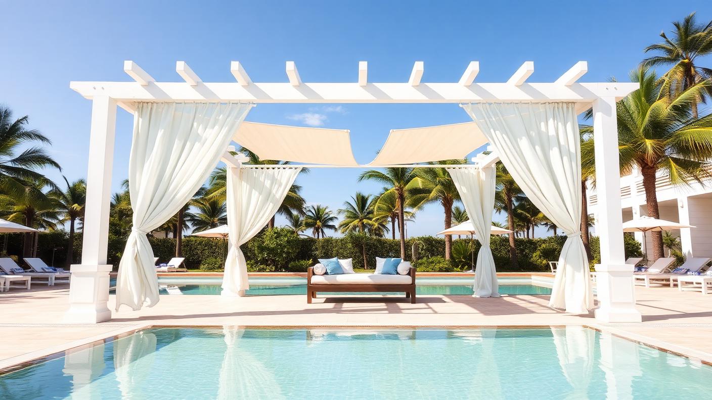 Resort Shade Cabana backyard design Forward Looking A freestanding poolside cabana with a solid roof, white linen curtains and daybeds. Images Created by www.Future-Home.Shop