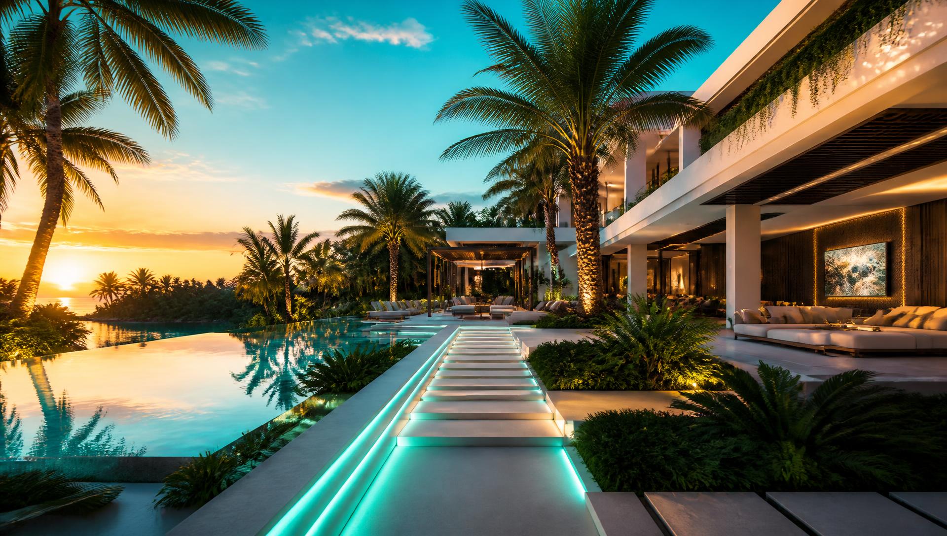 Garden Garden Designs design concept visualisation photo futuristic neon lit future home. Images Created by www.Future-Home.Shop