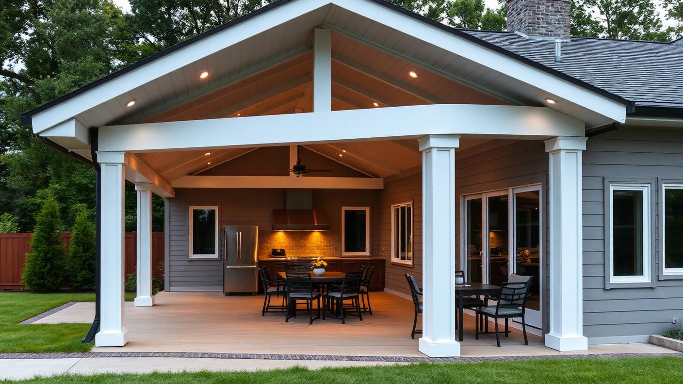 Attached Insulated Panel Patio pergola shade structure Roofed & all weather A solid insulated sandwich panel roof attached to the. Images Created by www.Future-Home.Shop