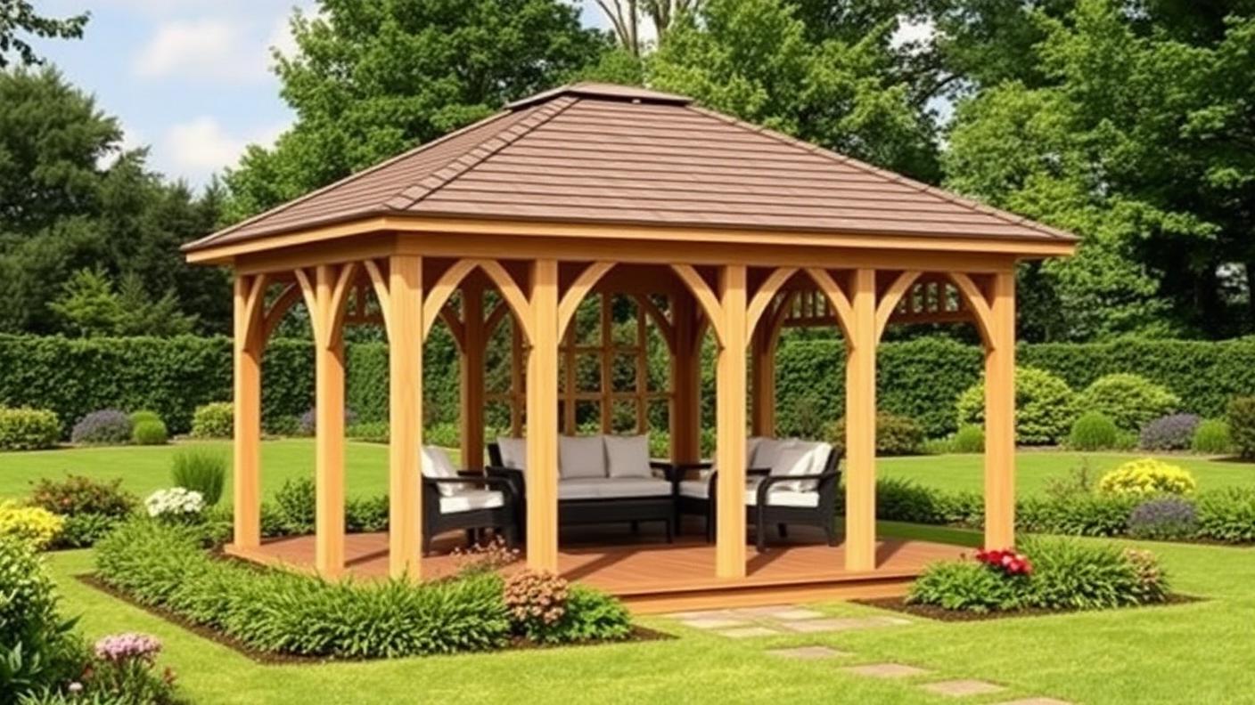 Freestanding Hip Roof Gazebo pergola shade structure Garden structures A roofed garden building set out in the lawn, away from. Images Created by www.Future-Home.Shop