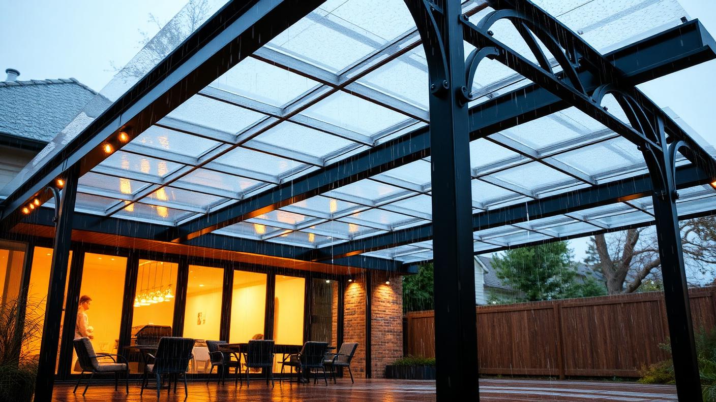 Steel Frame Polycarbonate Pergola pergola shade structure Roofed & all weather A steel frame with translucent polycarbonate sheeting keeps rain. Images Created by www.Future-Home.Shop