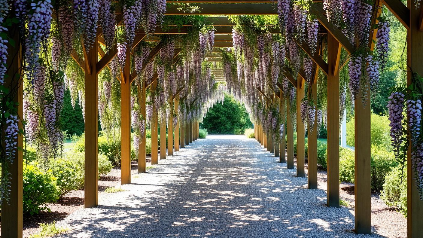Vine Covered Arbour Walkway pergola shade structure Open rafter & vine A long run of posts and beams over a. Images Created by www.Future-Home.Shop