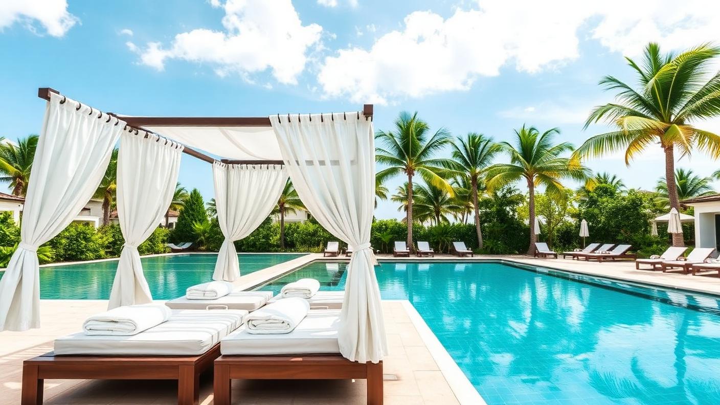 Poolside Cabana Pergola pergola shade structure Outdoor rooms A freestanding roofed cabana with daybeds and curtains at the deep end. Images Created by www.Future-Home.Shop