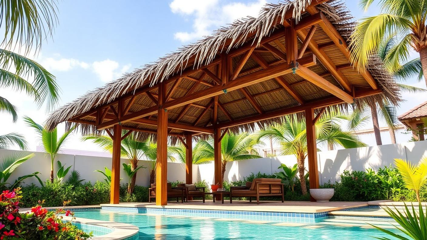 Balinese Thatch Tiki Pergola pergola shade structure Garden structures Heavy timber posts under an alang alang thatch or synthetic thatch. Images Created by www.Future-Home.Shop