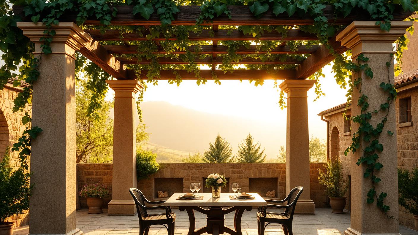 Mediterranean Stone Column Pergola pergola shade structure Open rafter & vine Rendered or stone clad columns carrying heavy stained beams. Images Created by www.Future-Home.Shop