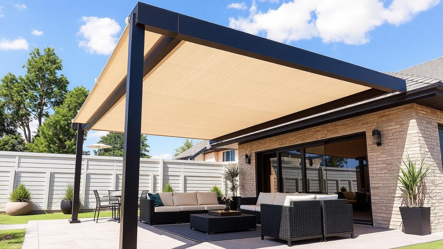 Retractable Canopy Pergola pergola shade structure Fabric & adjustable A motorised fabric canopy that slides along tracks between beams, so. Images Created by www.Future-Home.Shop