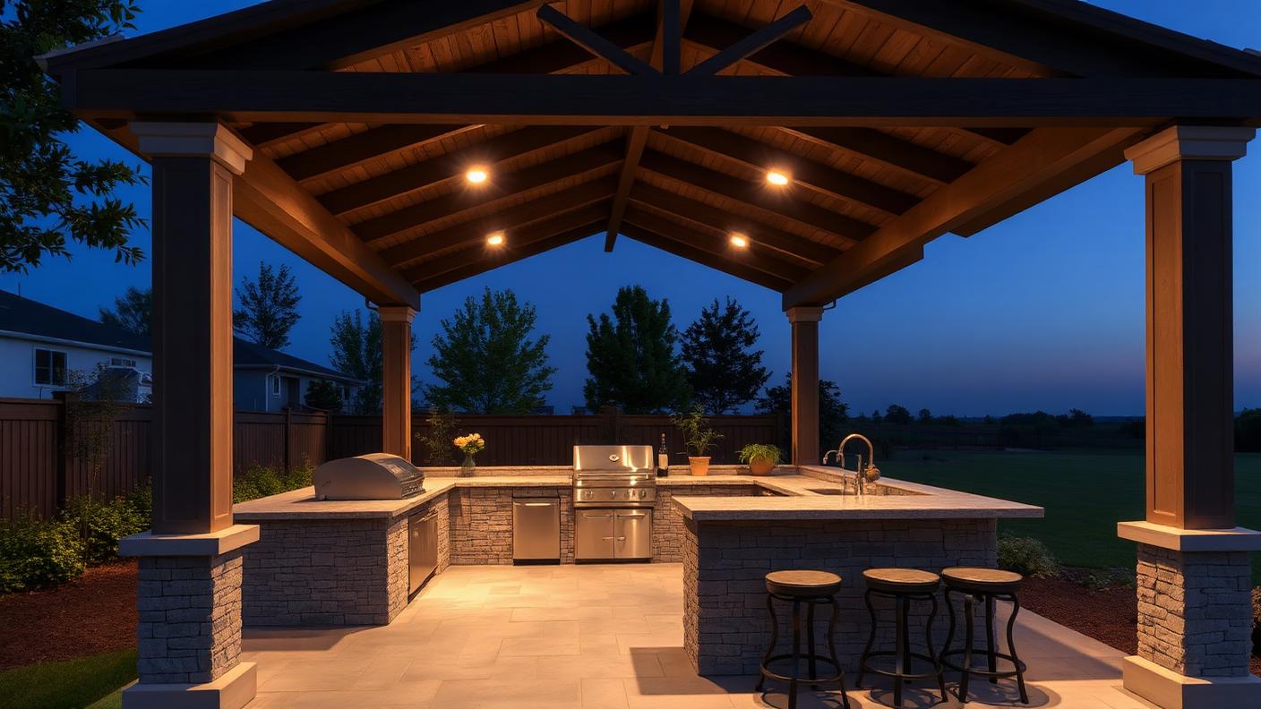 Pergola Over an Outdoor Kitchen pergola shade structure Outdoor rooms A structure built specifically to shelter a BBQ, benchtop, sink. Images Created by www.Future-Home.Shop
