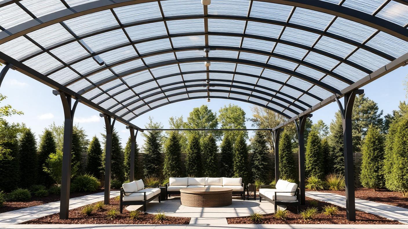 Curved Arch Pergola pergola shade structure Roofed & all weather Curved rafters forming a barrel vault over a seating circle. Images Created by www.Future-Home.Shop