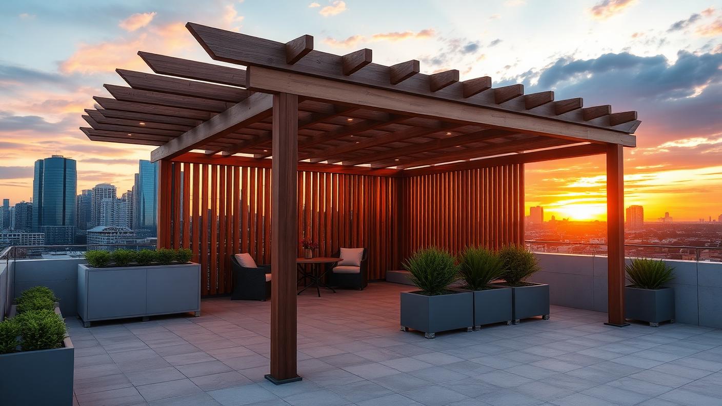 Rooftop Screened Pergola pergola shade structure Outdoor rooms A rooftop or podium deck pergola with vertical batten screens and planters. Images Created by www.Future-Home.Shop