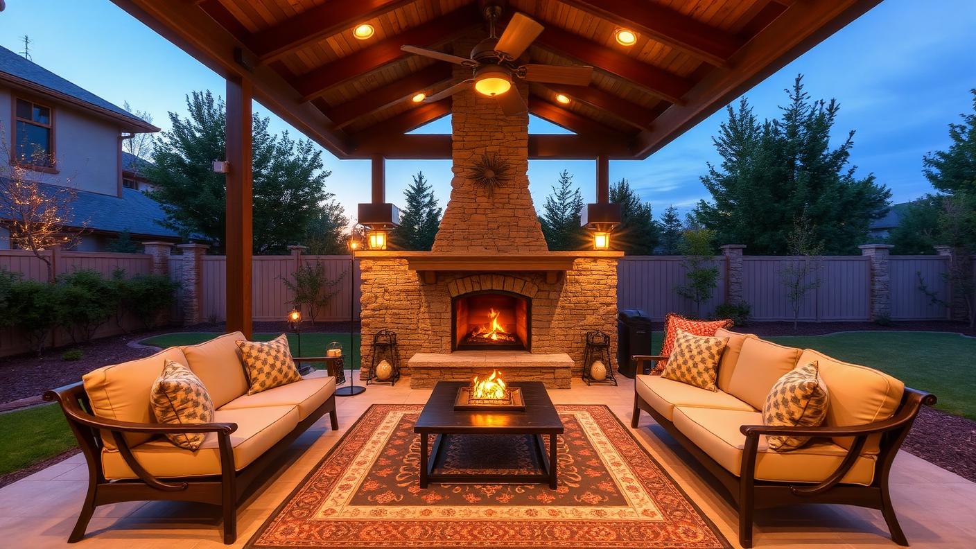 Pergola Outdoor Room with Fireplace pergola shade structure Outdoor rooms A fully roofed structure with a masonry fireplace, sofas, a. Images Created by www.Future-Home.Shop