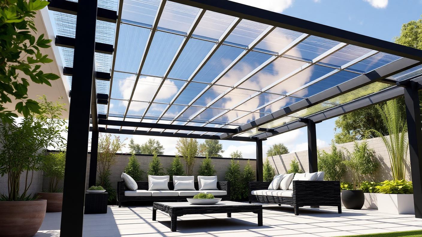 Solar Panel Eco Pergola pergola shade structure Roofed & all weather A pergola roofed in solar panels or bifacial solar. Images Created by www.Future-Home.Shop