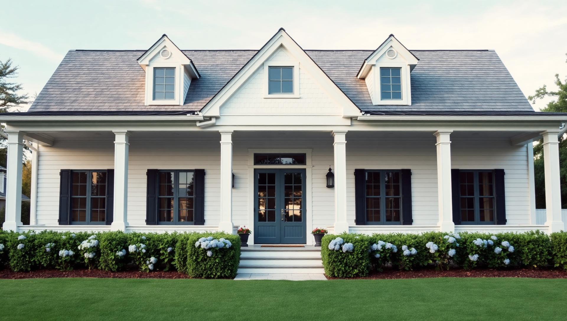 Hamptons Style Beach House Design Ideas for Gardens, Furniture and Interiors feature article White weatherboard, clipped box hedges, hydrangeas, striped. Images Created by www.Future-Home.Shop
