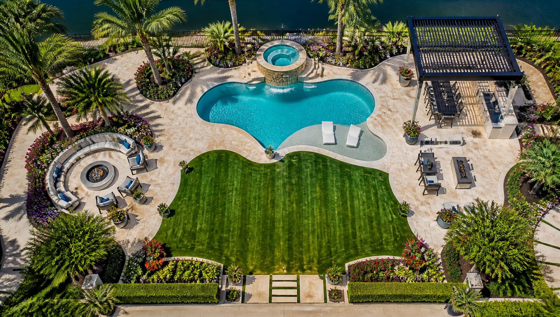 Aerial drone view of a resort style backyard with freeform pool futuristic. Images Created by www.Future-Home.Shop
