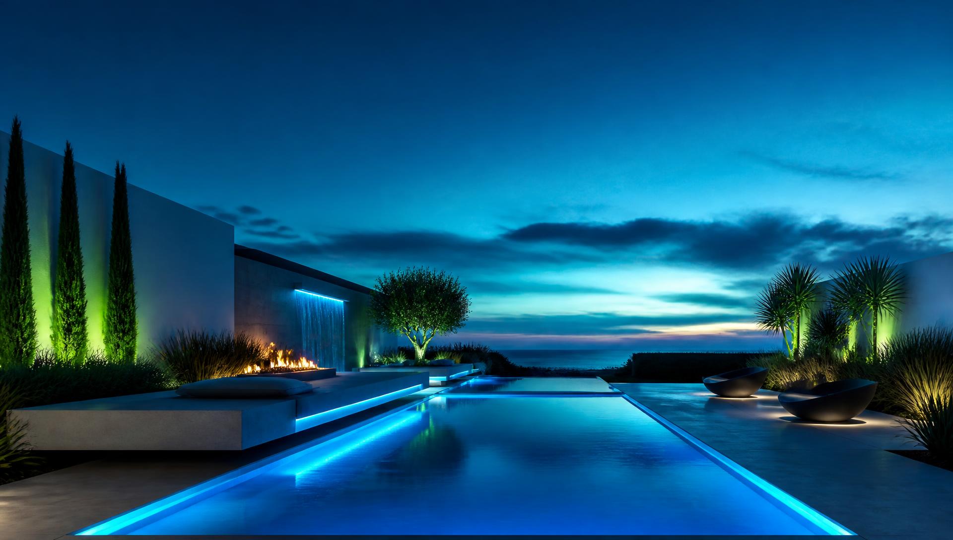 Futuristic backyard design with pool and lighting at blue hour futuristic neon. Images Created by www.Future-Home.Shop