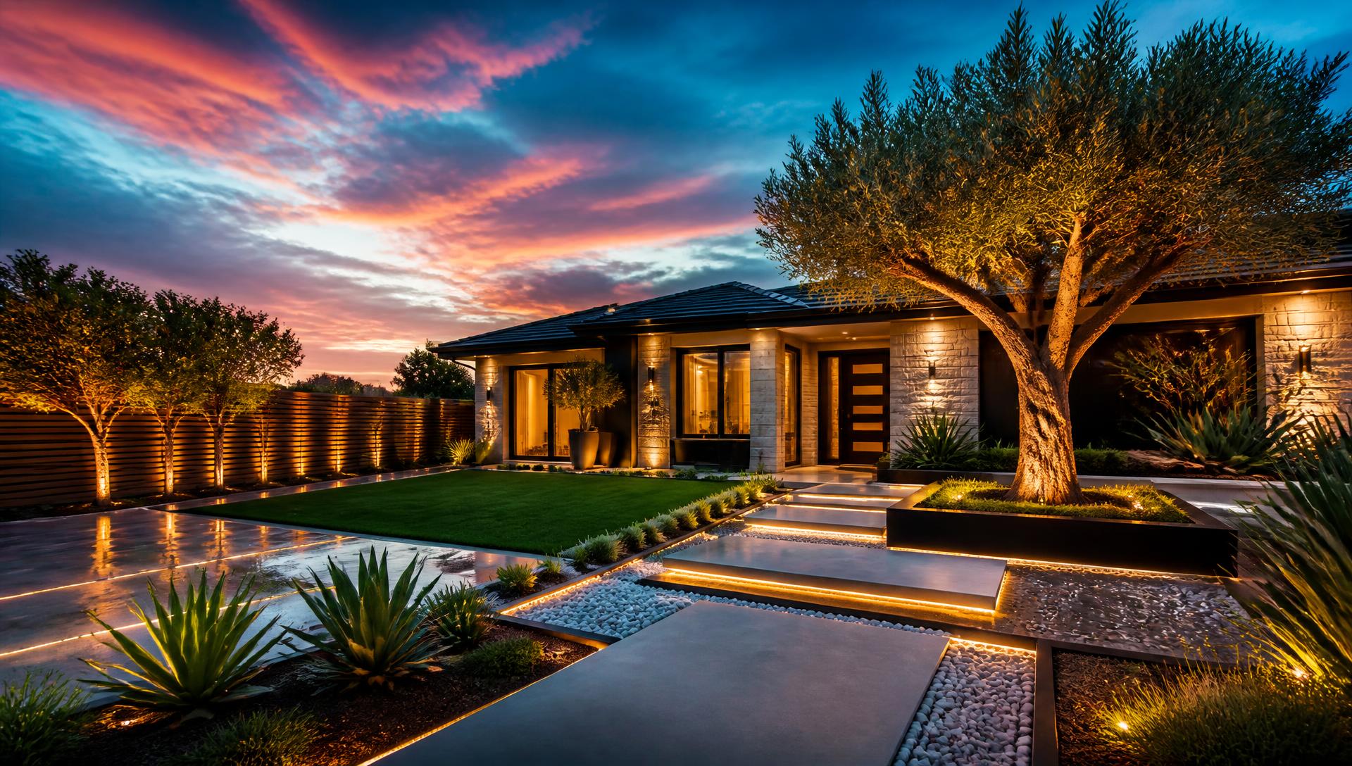 Modern illuminated front yard landscape design at dusk futuristic neon lit future. Images Created by www.Future-Home.Shop