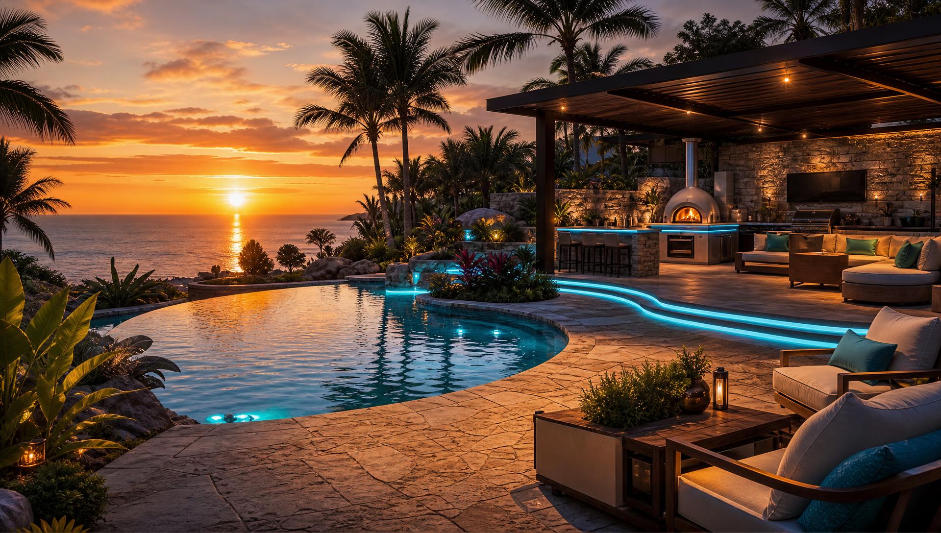 Tropical resort backyard with infinity swimming pool and modern outdoor furniture at golden hour. Images Created by www.Future-Home.Shop