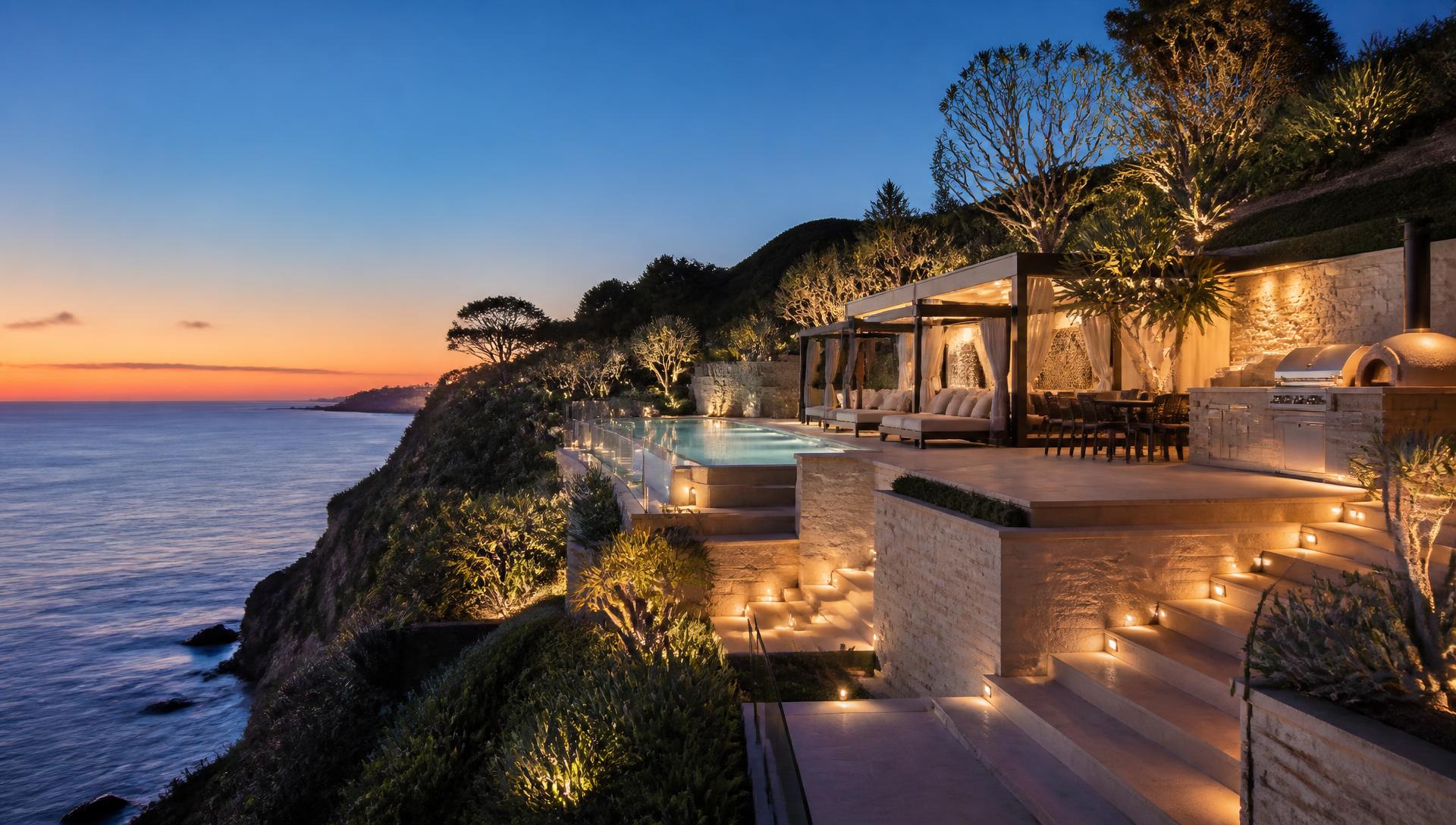 Clifftop Travertine Resort backyard design Left Side Property View Bleached travertine terraces step down a headland to a glass edge. Images Created by www.Future-Home.Shop