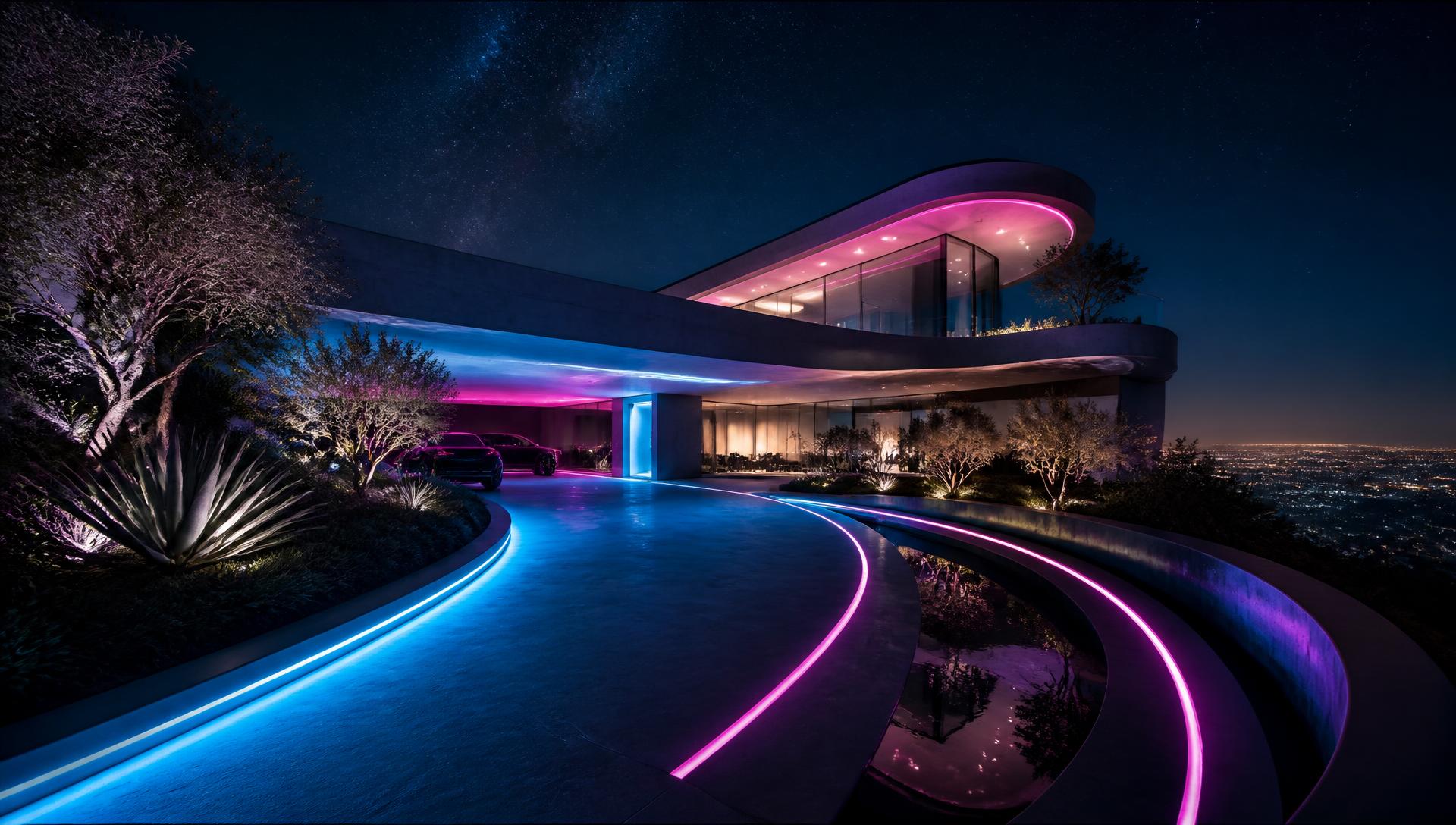 Futuristic ridge top home at night with cyan and magenta neon light lines tracing a curved driveway and reflecting water. Images Created by www.future-home.shop
