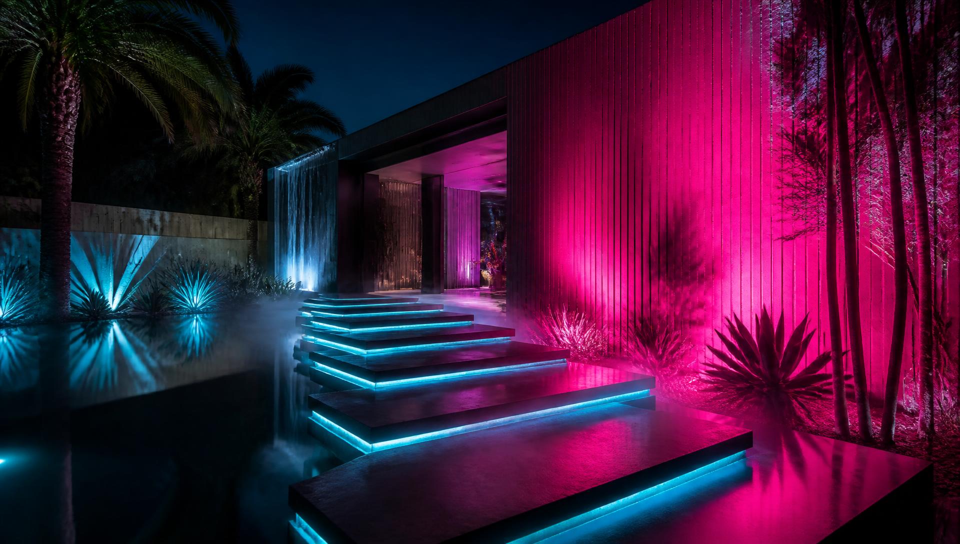 Floating stone treads lit with cyan LED reveals crossing black water beside a magenta washed ribbed entry wall and exotic. Images Created by www.future-home.shop
