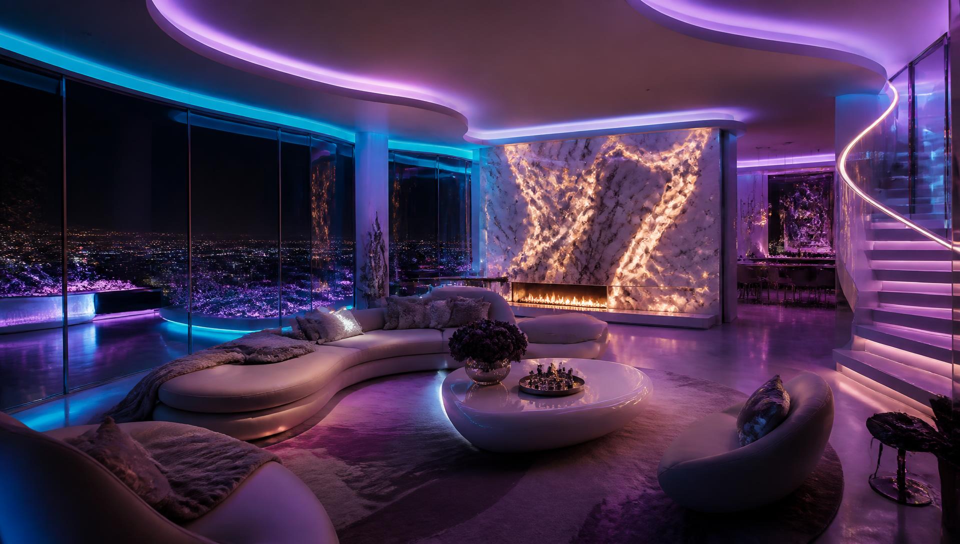 An eccentric curved living room with cove LED lighting in cyan and violet, backlit onyx fireplace wall and glowing spiral. Images Created by www.future-home.shop