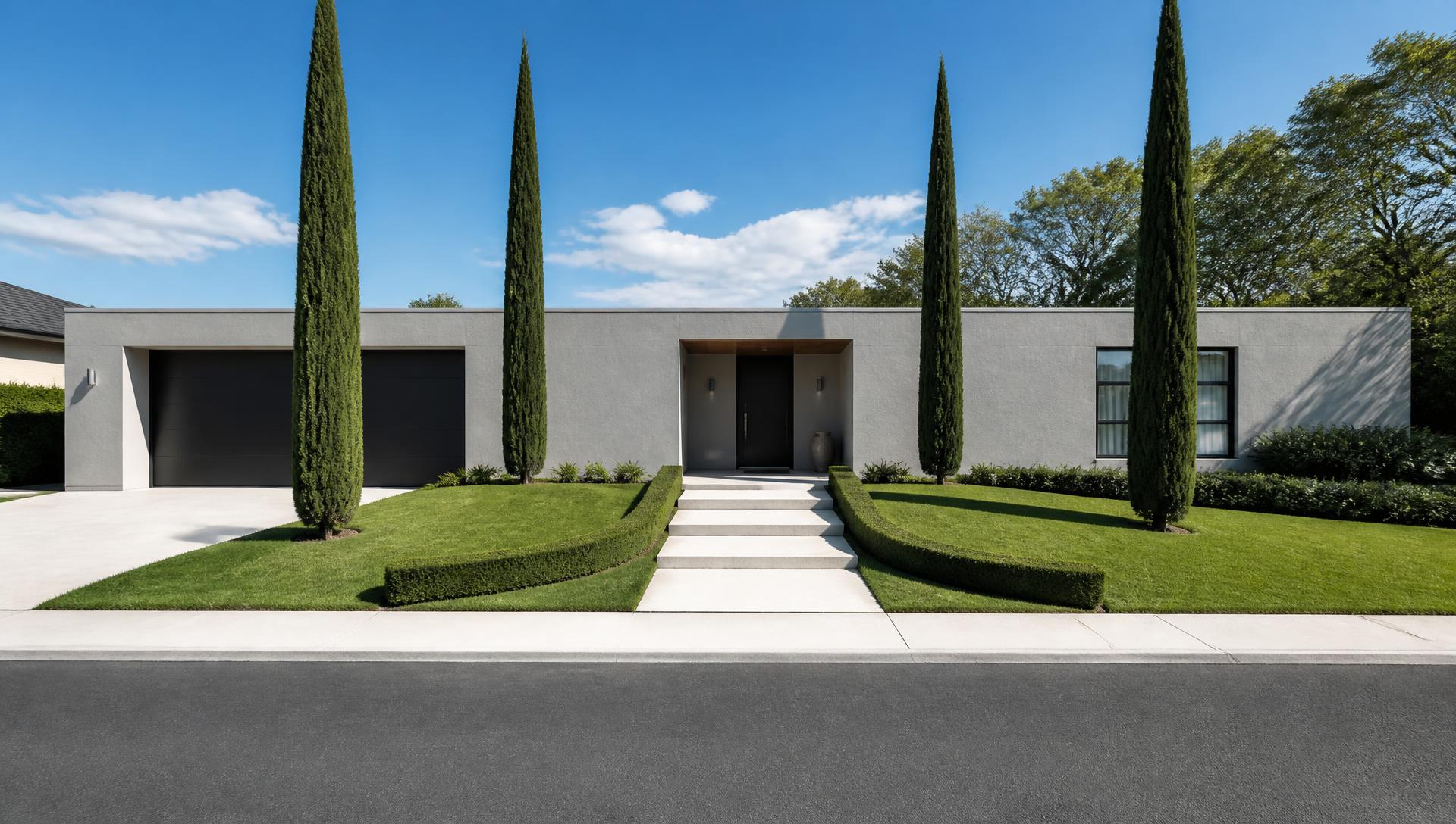 Compact Modern Home Design for Restricted Regulations front yard landscaping concept Forward Looking If Height is Problem for Local Planning. Images Created by www.Future-Home.Shop