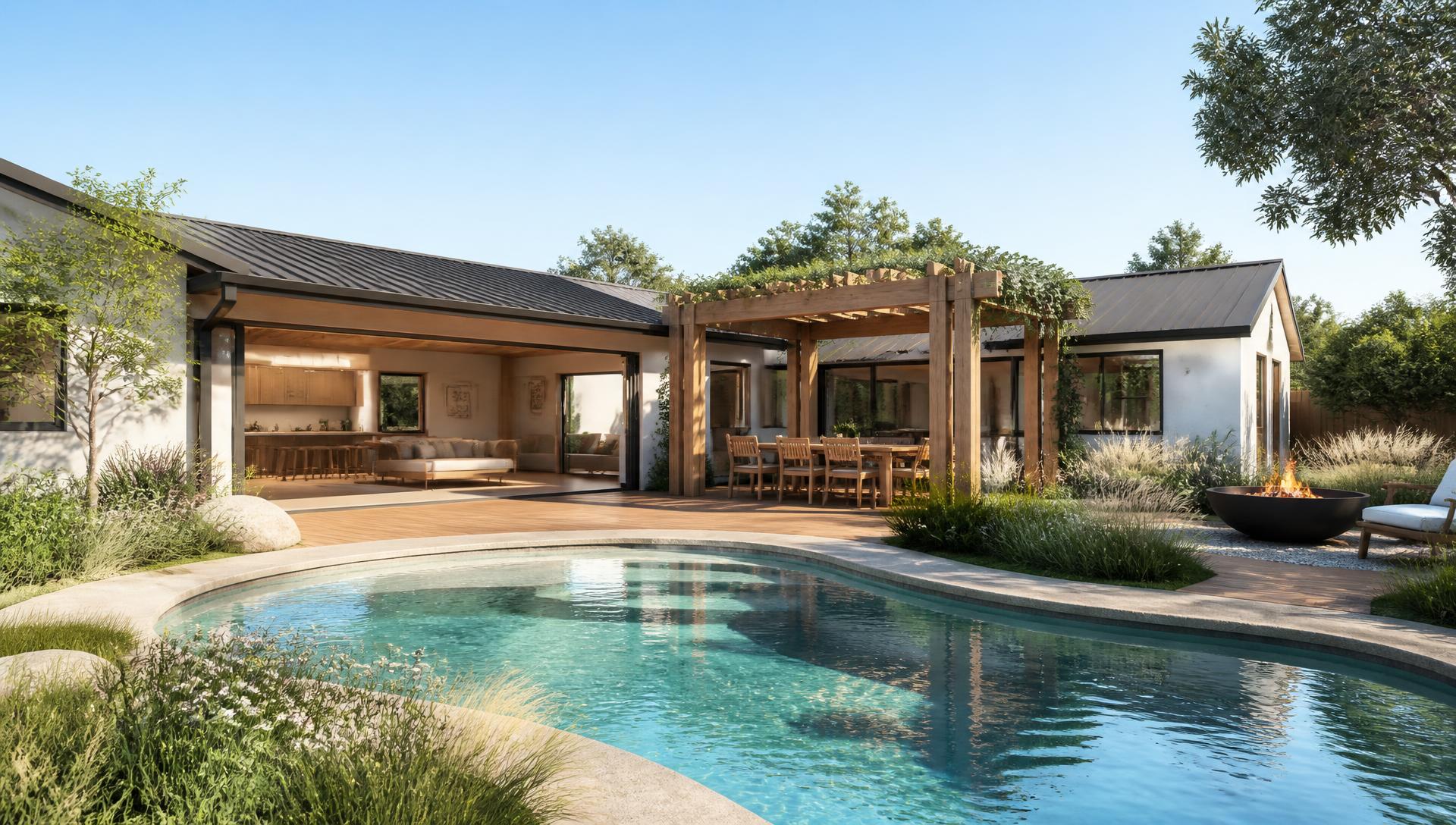Compact House Design when Height Limited backyard landscaping concept Rear Backyard Look An Earthy Organic Designed House with Natural Integrated. Images Created by www.Future-Home.Shop