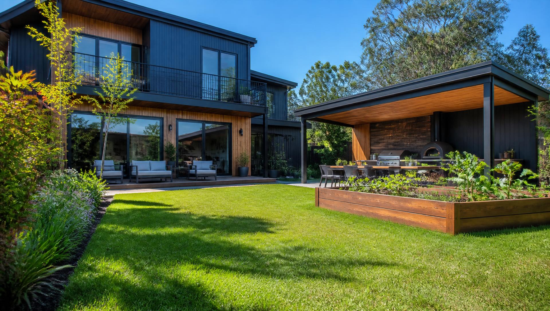 BBQ Brisket and Smokey Ribs Wood Fire backyard landscaping concept Forward Looking An Elaborate BBQ Wood Fire Cooking Station accompanied. Images Created by www.Future-Home.Shop