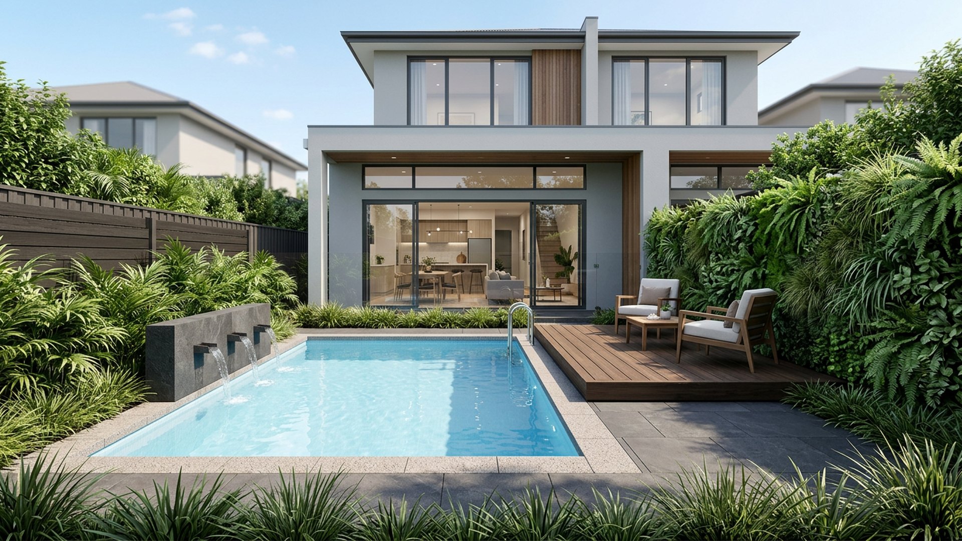 Plunge Pool Courtyard backyard landscaping concept Forward Looking A 4 metre plunge pool, deck platform and green wall in a. Images Created by www.Future-Home.Shop