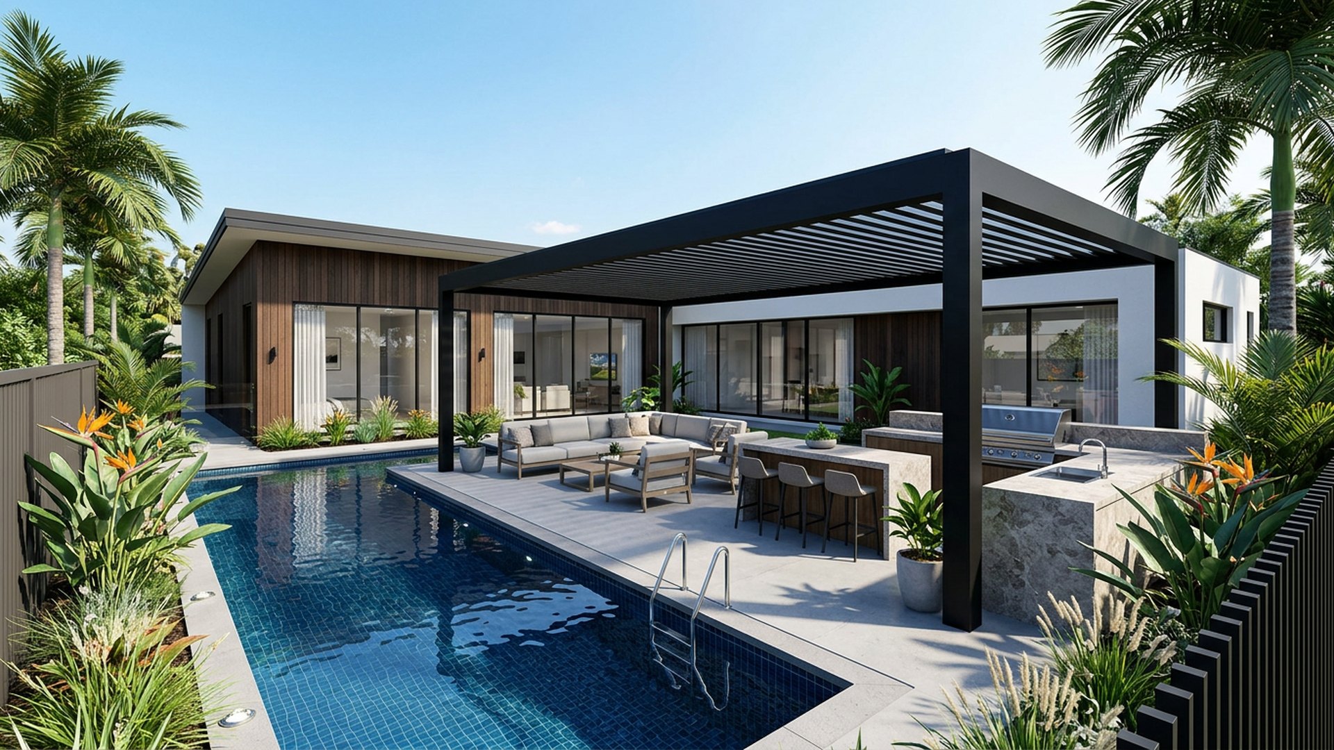 Poolside Pergola Combo backyard landscaping concept Forward Looking Pool, pergola lounge and BBQ zone arranged in one continuous entertaining run. Images Created by www.Future-Home.Shop