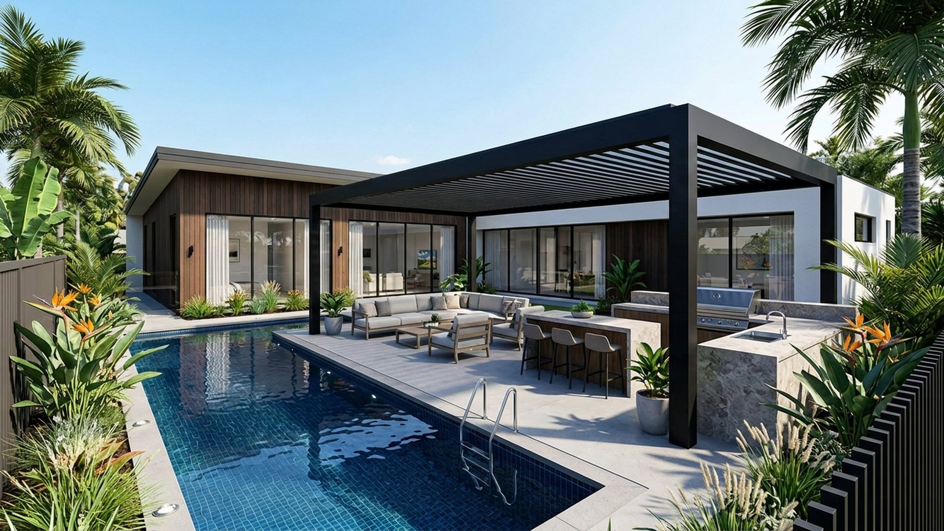 Poolside Pool Designs design concept visualisation photo futuristic neon lit future home. Images Created by www.Future-Home.Shop