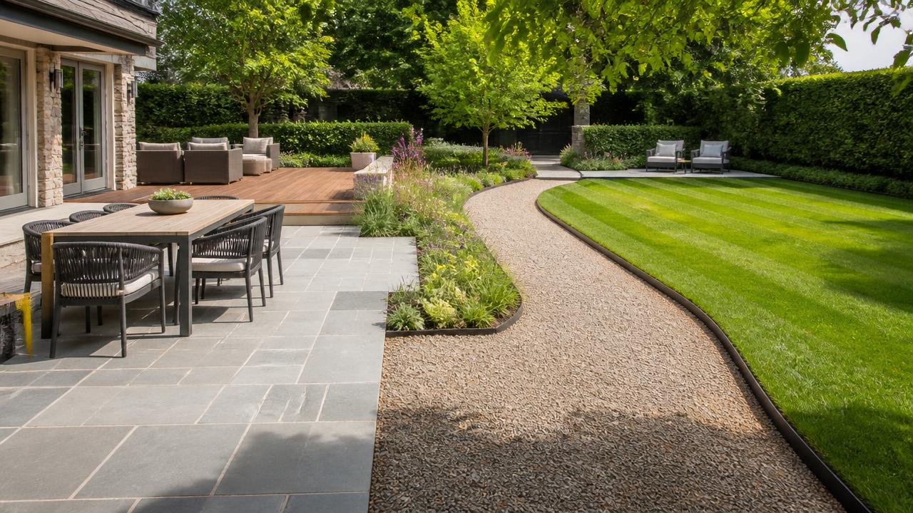 Mixed garden surfaces with sawn bluestone terrace, timber deck, gravel path and striped lawn. Images Created by www.Future-Home.Shop