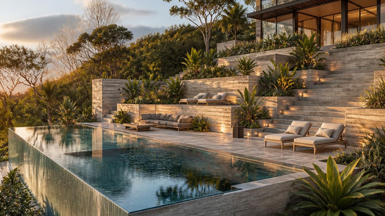 Terraced garden retaining walls turning a slope into level lawns with wide stone steps. Images Created by www.Future-Home.Shop
