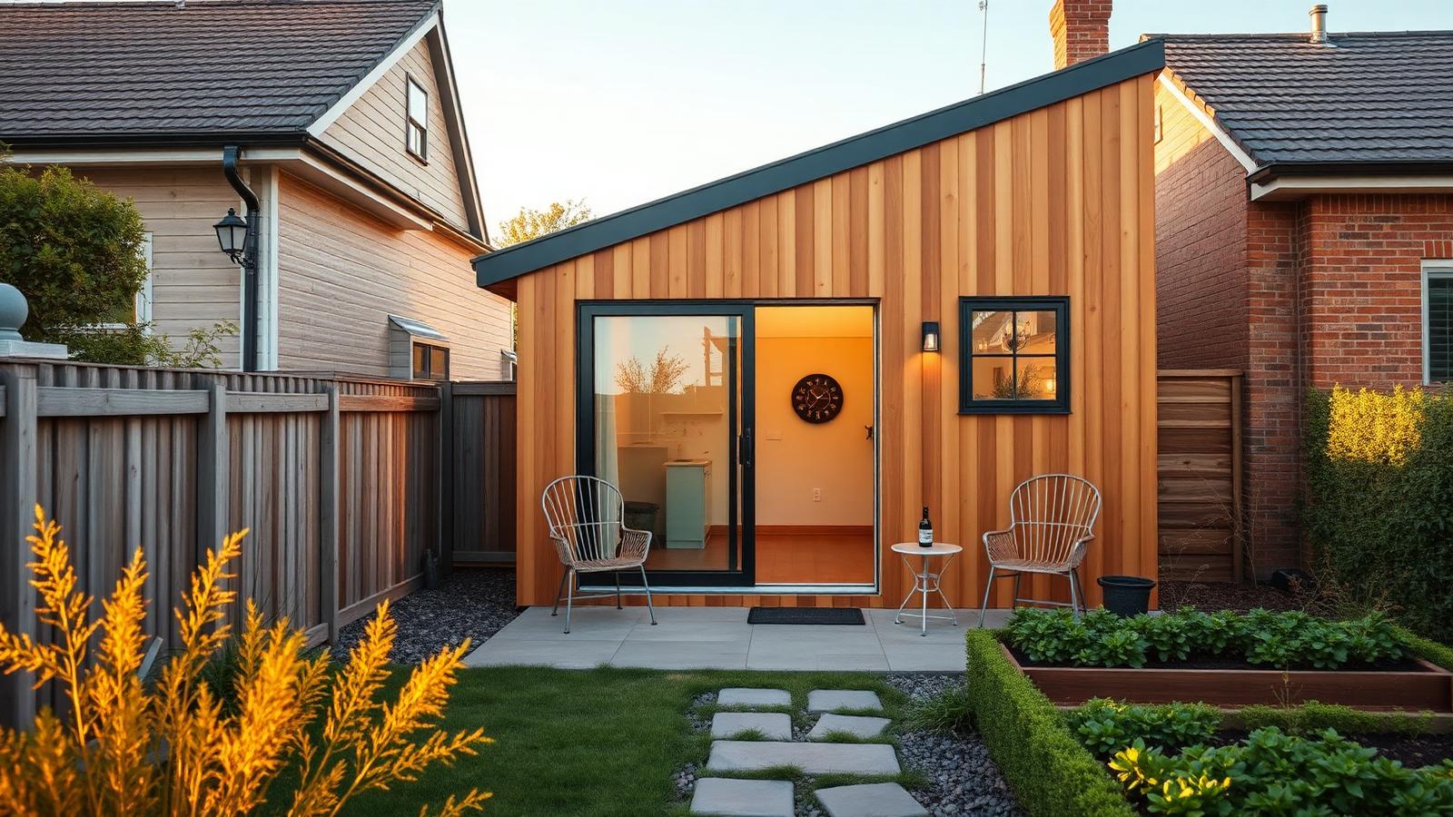 Backyard second dwelling on an existing block tiny home design with garden A small timber home at the rear of. Images Created by www.Future-Home.Shop